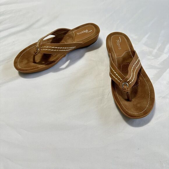 Shoes - Passions Womens Size US 9 Tan Mustard Stitched  Comfort Low Heel Thong Sandals